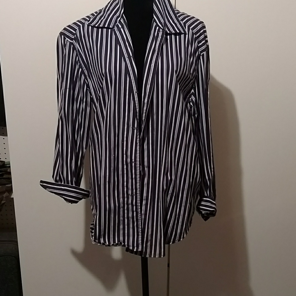 Navy blue and white striped blouse